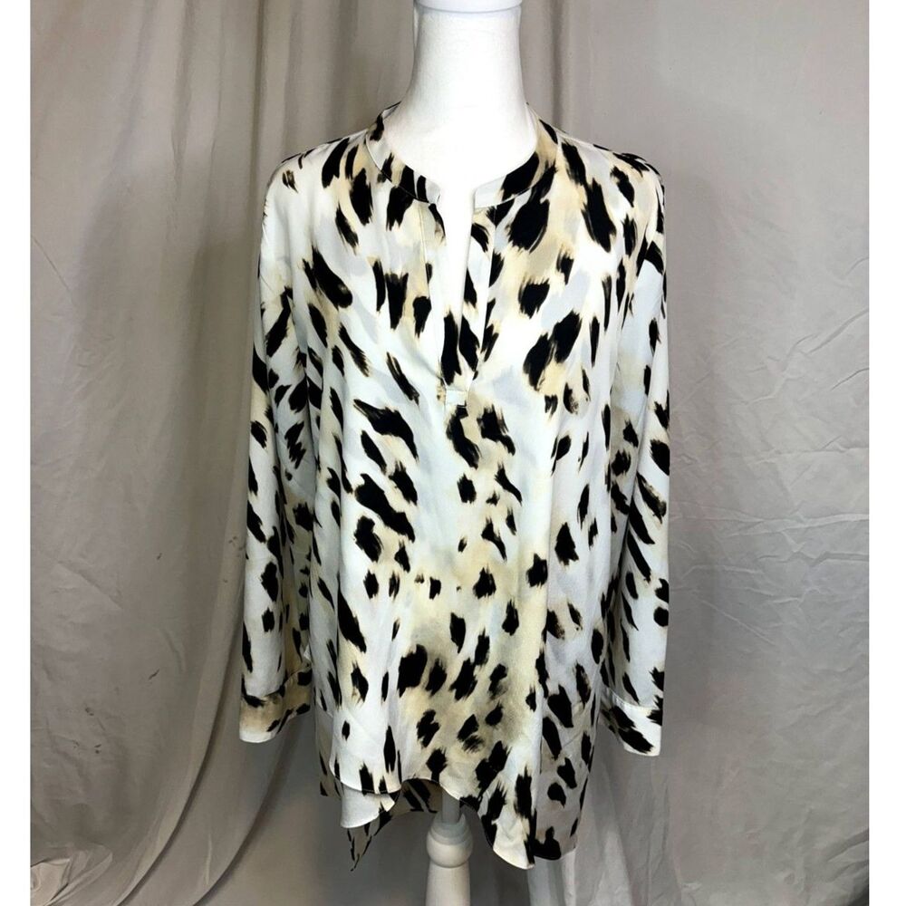 Chico's Animal Print Long Sleeve Tula Tunic Top Womens Designer White Linen